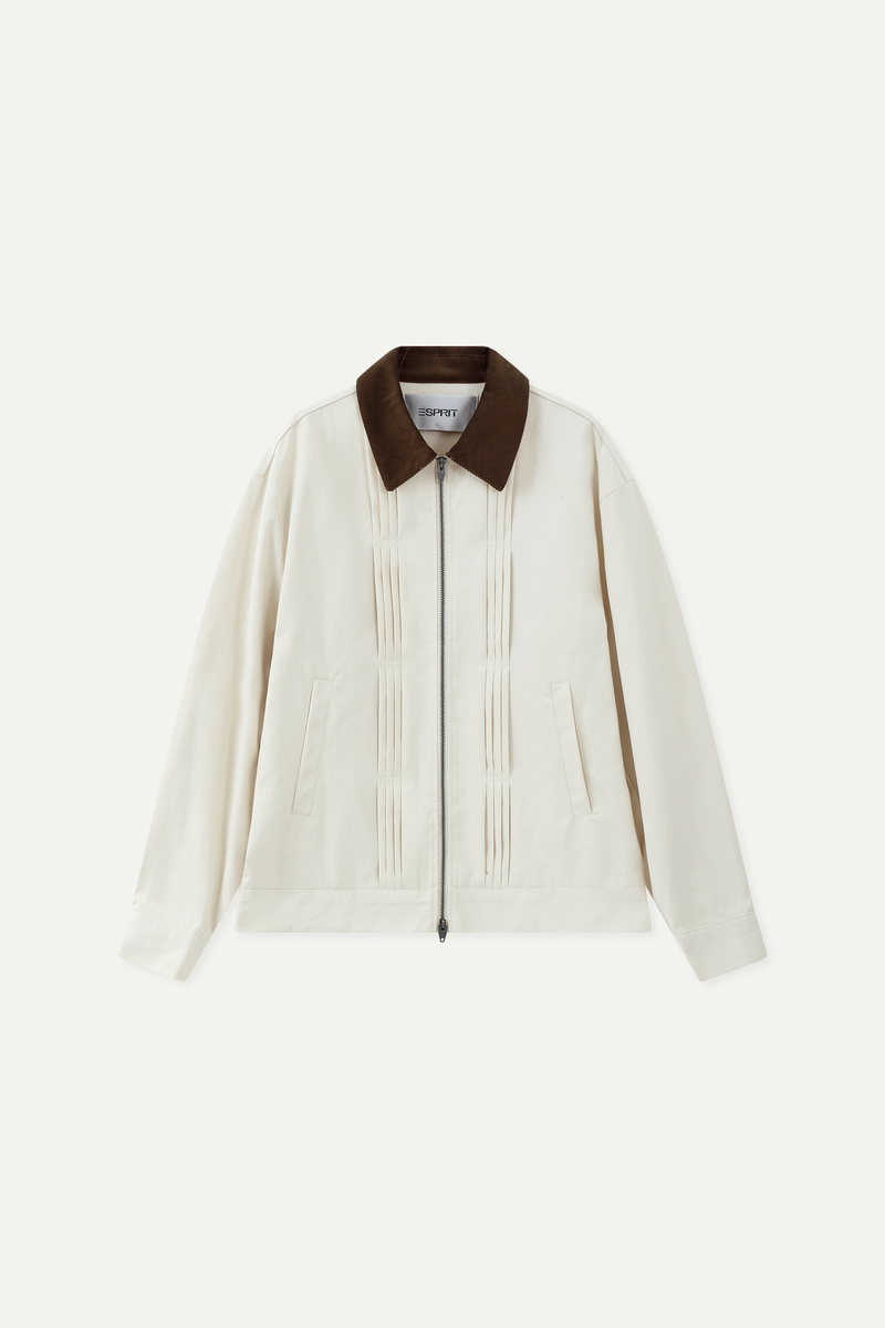 Contrast Collar Pleated Zip-Up Jacket