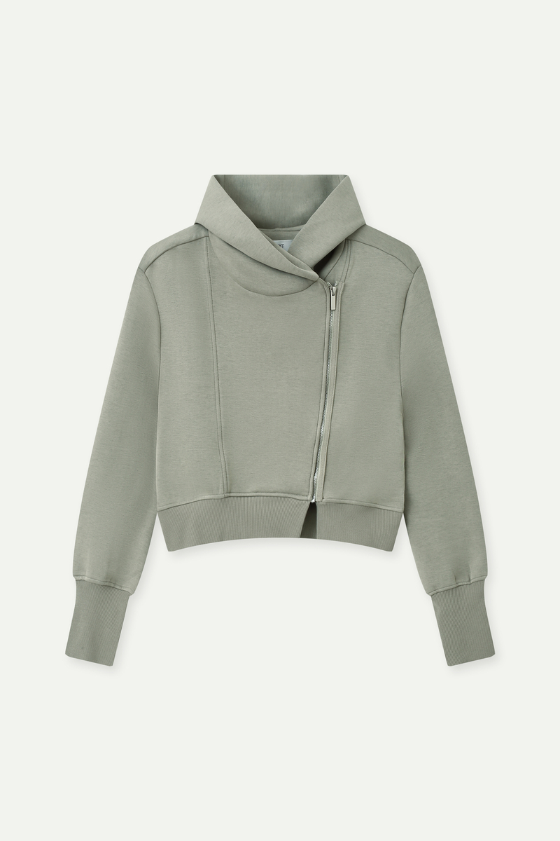 Cropped Asymmetric Zip Structured Hoodie