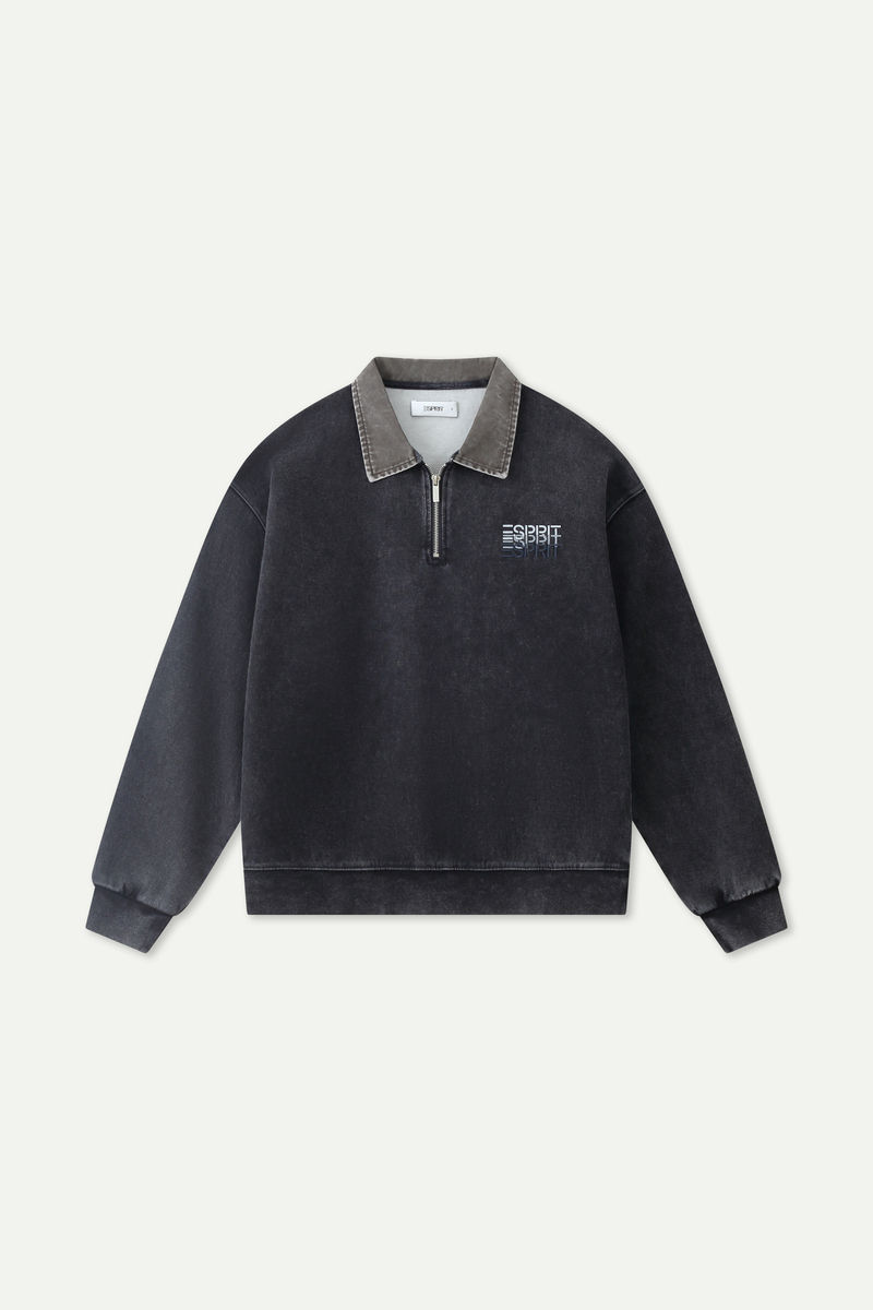 Wash Effect Half Zip Collared Sweatshirt