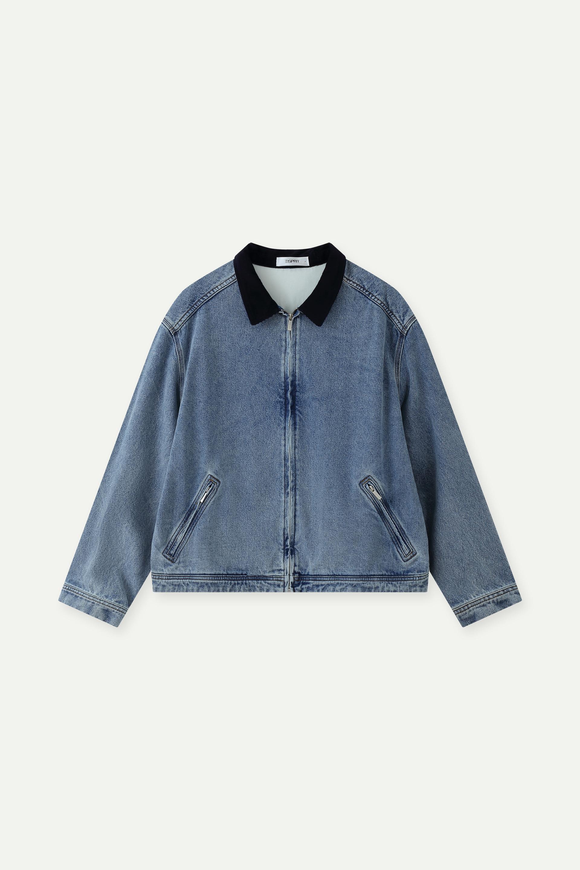 Men's Corduroy Collar Zip-Up Denim Jacket